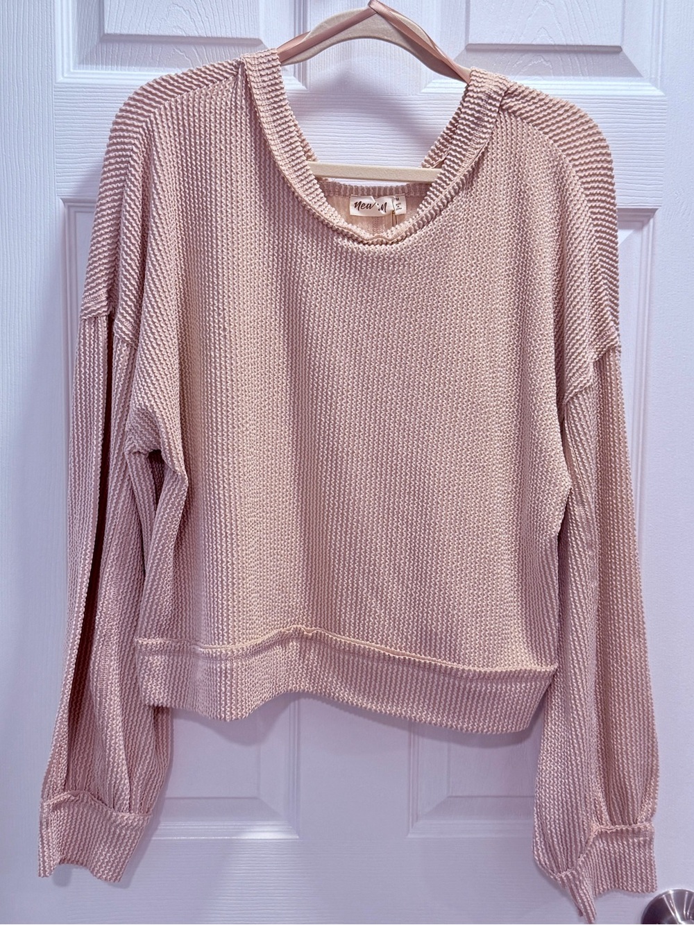 NWT New In Oatmeal Textured Soft Waffley Knit Long Sleeve Top